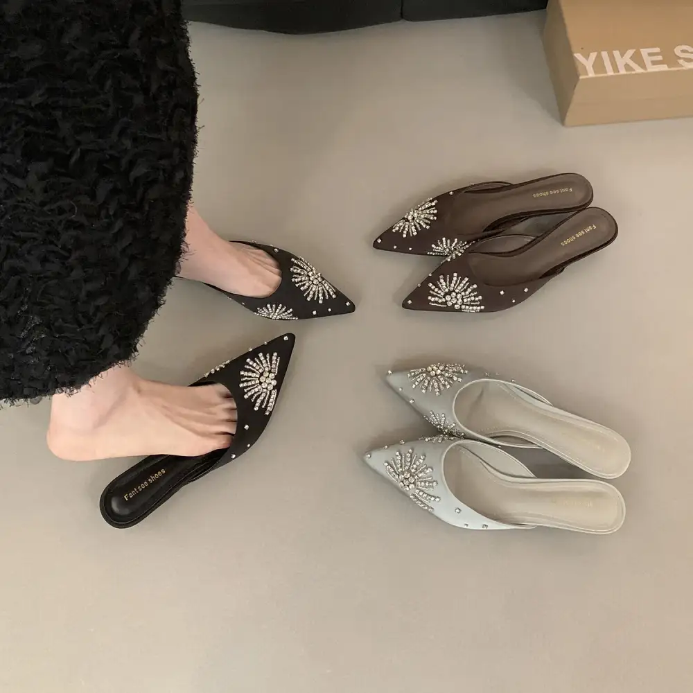 Rhinestone Detail Pointed Toe Slide Sandals