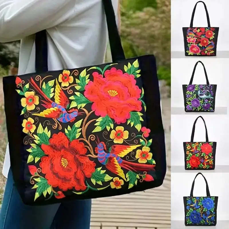Artisan Retro: Flower-Embellished Canvas Tote Bag