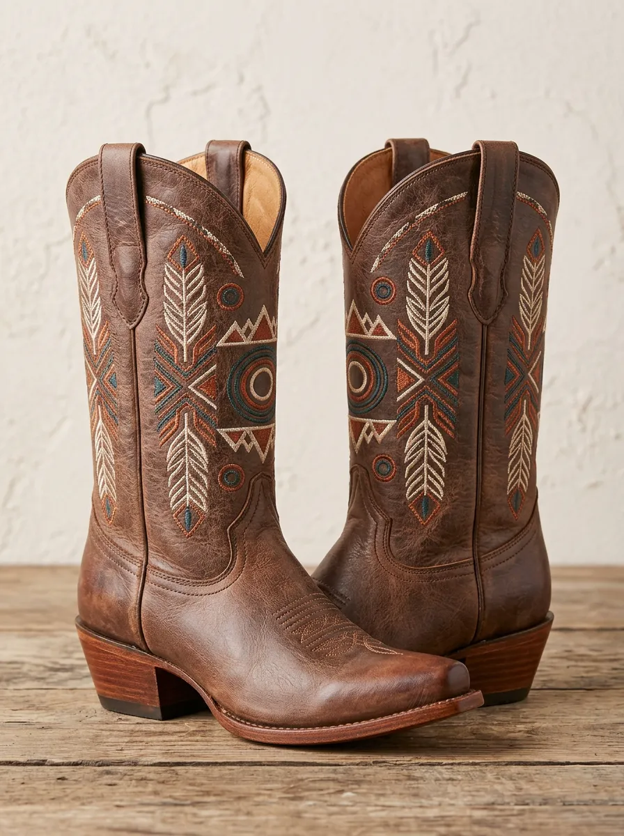 Unisex Geometric Embroidered Western Boots