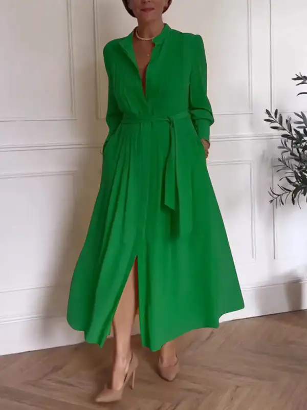 Pleated Buttoned Long Neck Maxi Dress