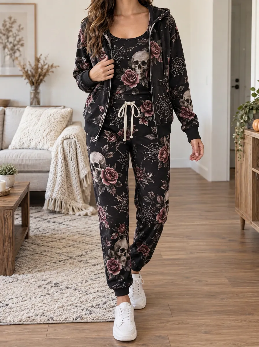 Women's Halloween Skull Rose Spiderweb Hooded Jacket Jogger Set