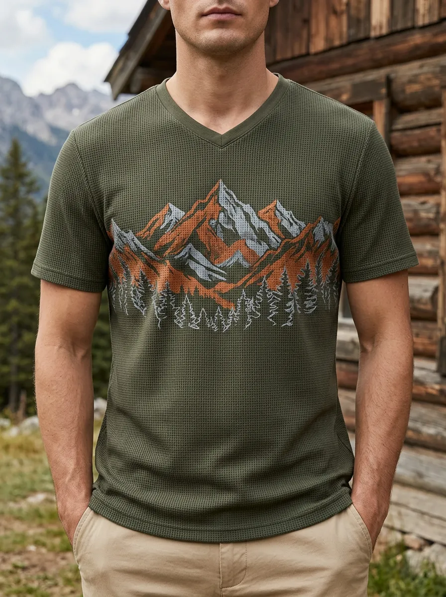 Men's Valley Outdoor Nature Lover Mountain Forest V-Neck T-Shirt