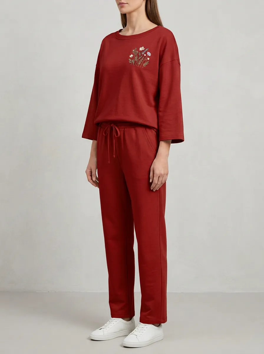 Women's Floral Embroidered Three-Quarter-Sleeve Crewneck Top And Drawstring Straight-Leg Trouser Lounge Set