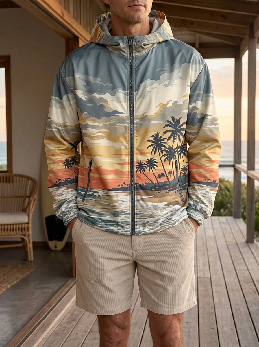 Men's Tropical Beach Sunset Palm Tree Relaxed Voyage Jacket