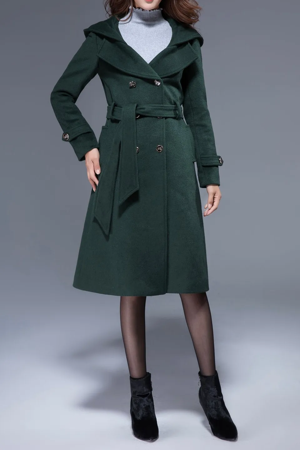Wool Blend Oversized Hooded Double Breasted Belted Coat