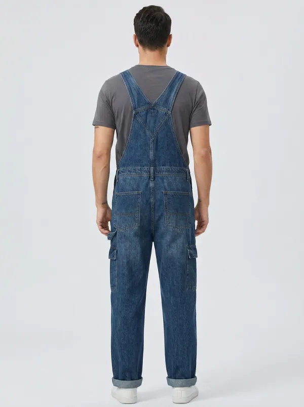 Men's Vintage-Inspired Cargo-Pocket Denim Bib Overalls