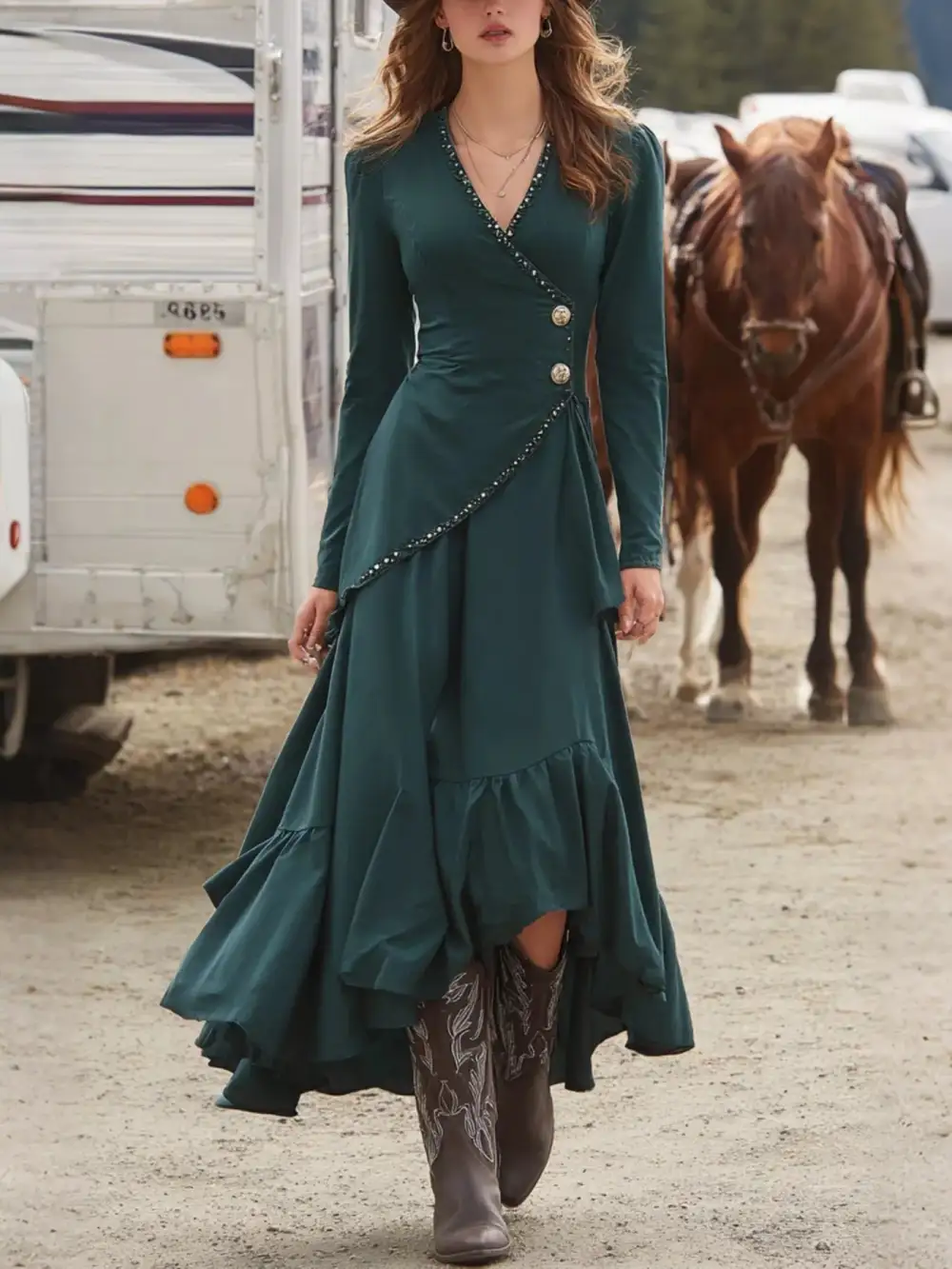 Comfort Fit Ruffle Long Sleeve Dress
