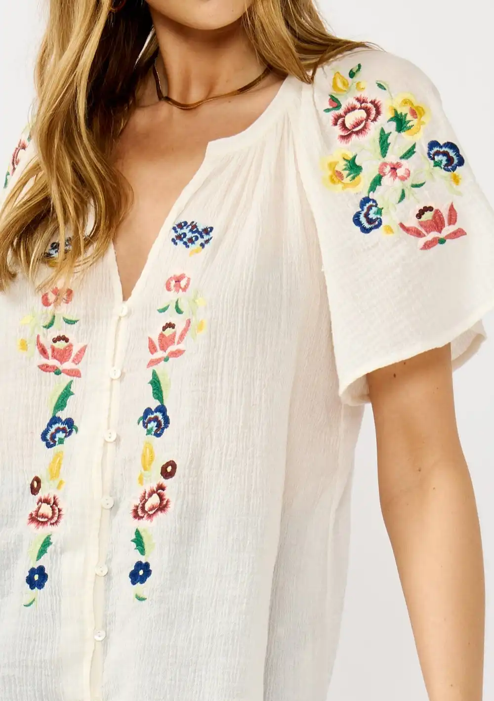 Floral Embroidered Notched Blouse