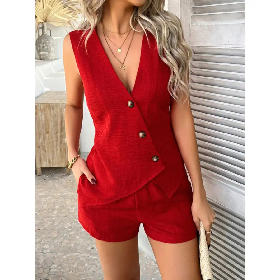 Button Down Sleeveless Top and Shorts Set