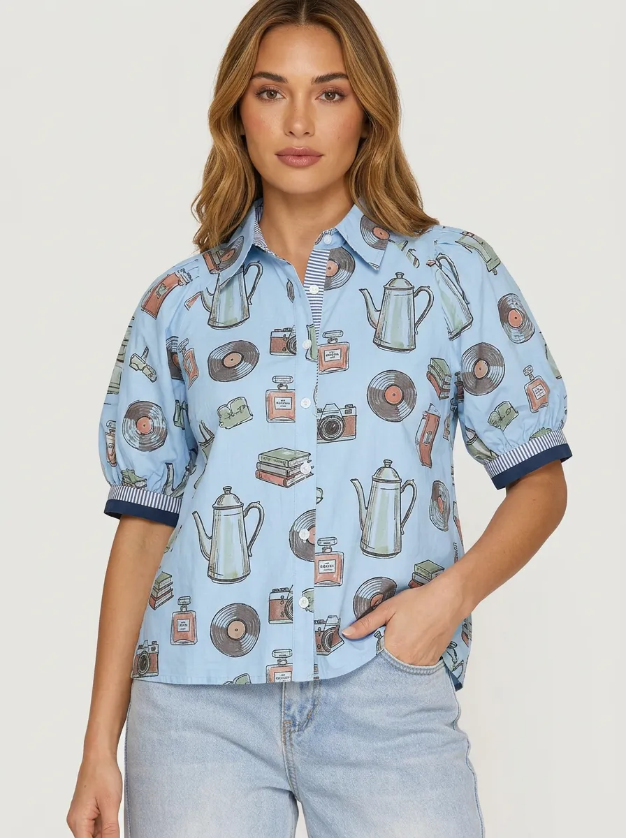 Women's Vintage Hobby Lover Vinyl Camera Perfume Printed Shirt