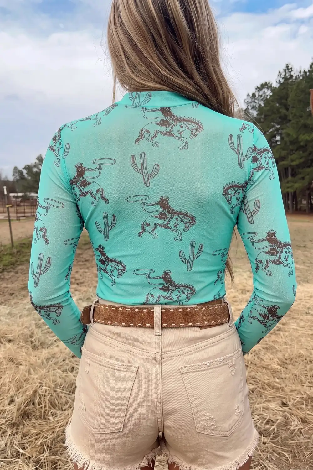 Western Print Mesh Fitted Long Sleeve Top