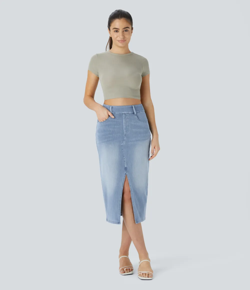 Magic High Waisted Multiple Pockets Bodycon Split Washed Stretchy Knit Denim Casual Midi Skirt