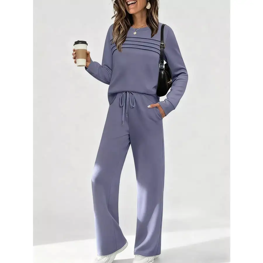 Full Size Casual Long Sleeve Top and Pants Set Plus Size