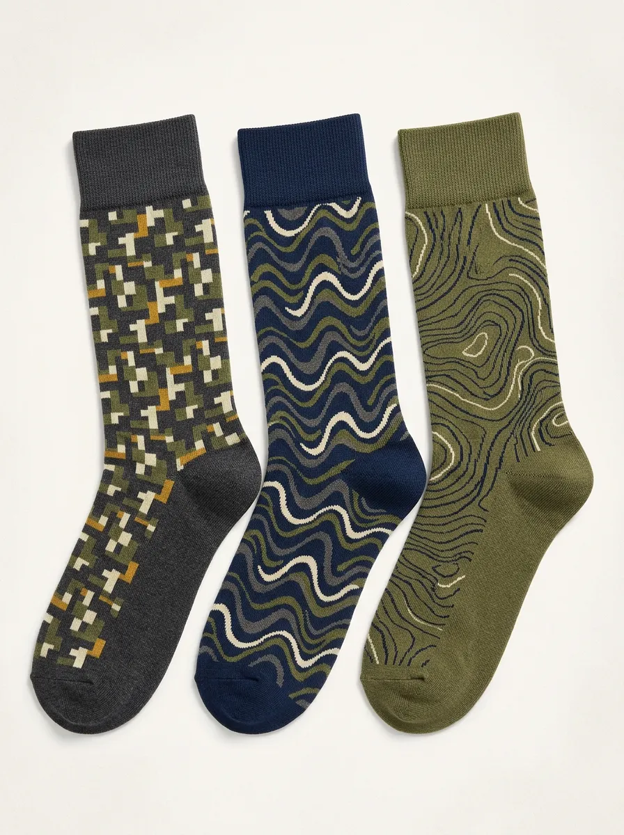 Men's Topographic Lines Graphic Motifs Three-Pair Crew Socks