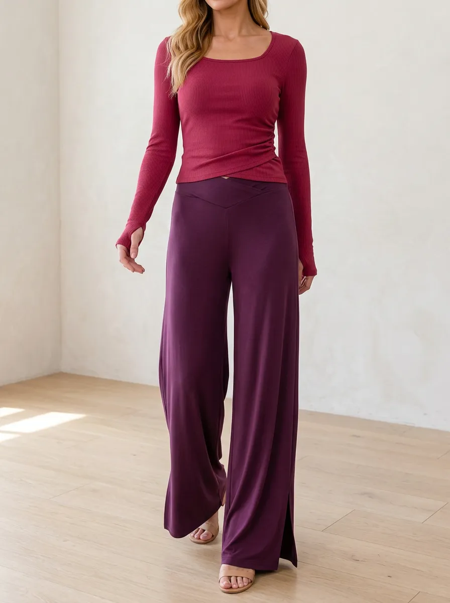 Women's Casual Ribbed Long Sleeve Cross-Hem Wide Leg Pants Set