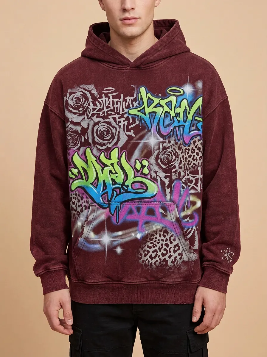 Unisex Streetwear Graffiti Rose Leopard Layered Print Hoodie