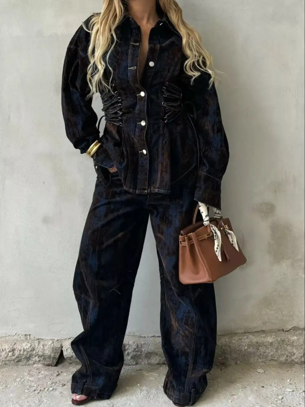 Button Lace Up Set Denim Pants