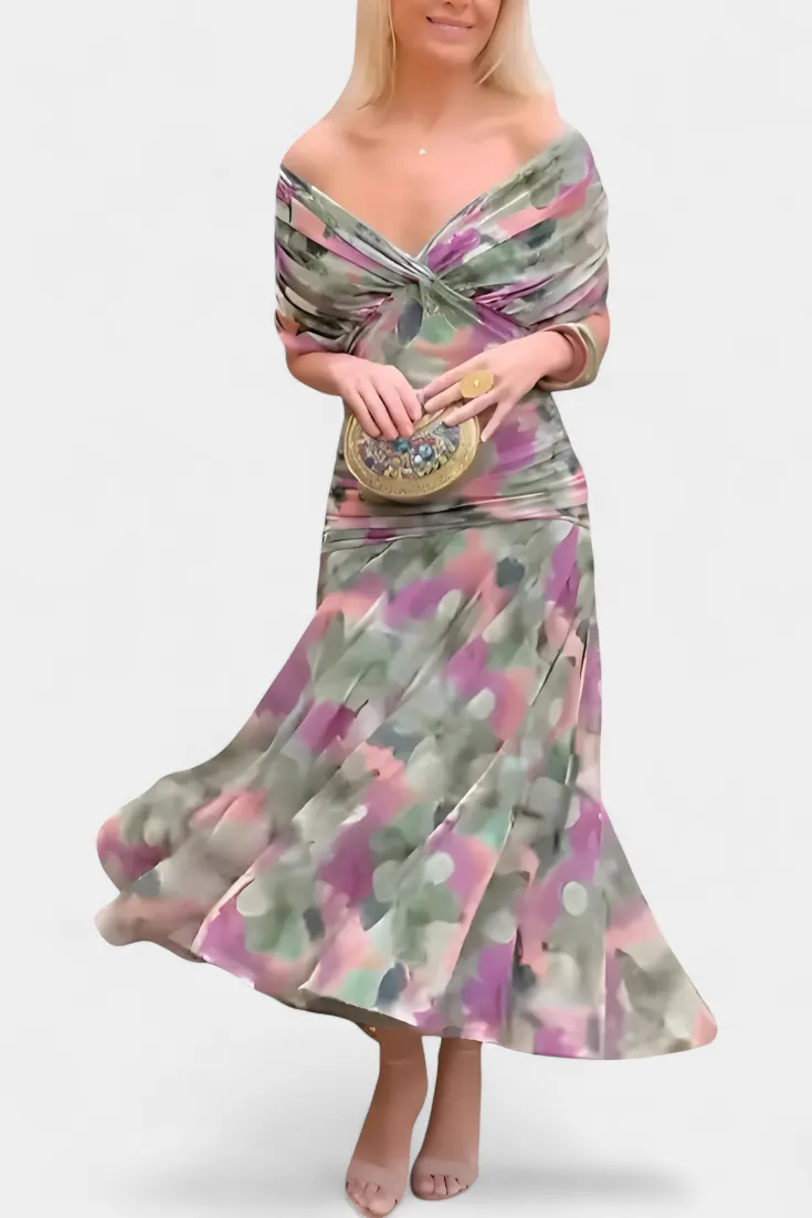  Off Shoulder V Neck Midi Dress