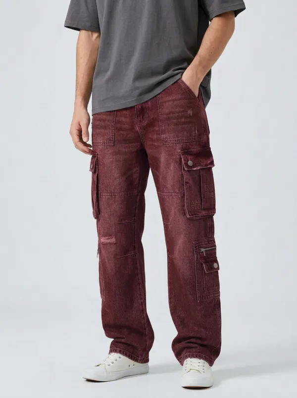 Men's Blue Distressed Multi-Pocket Cargo Zip Utility Pocket Cargo Pants