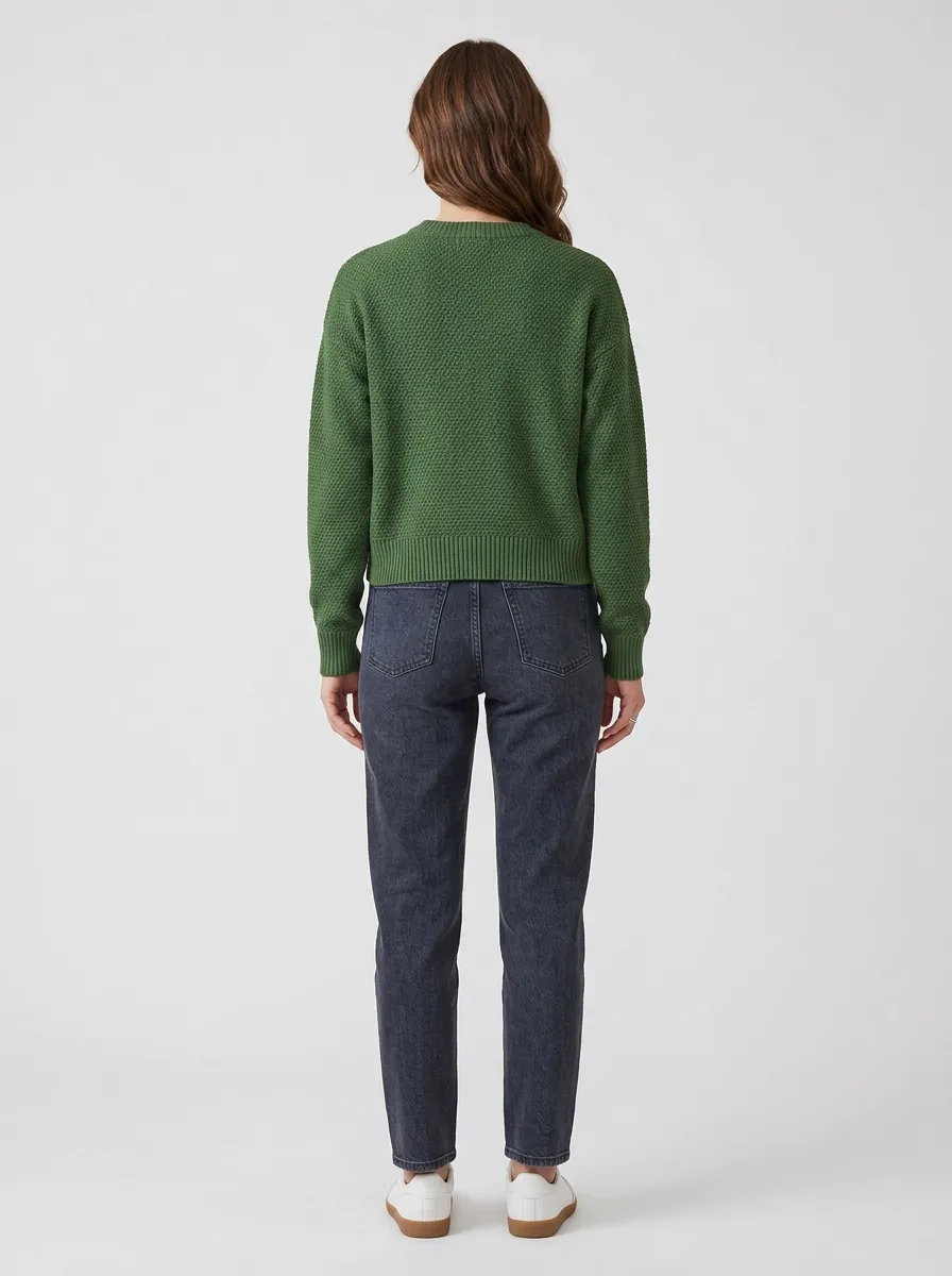 Women's Forest Green Embroidered Pine Motif Crewneck Sweater
