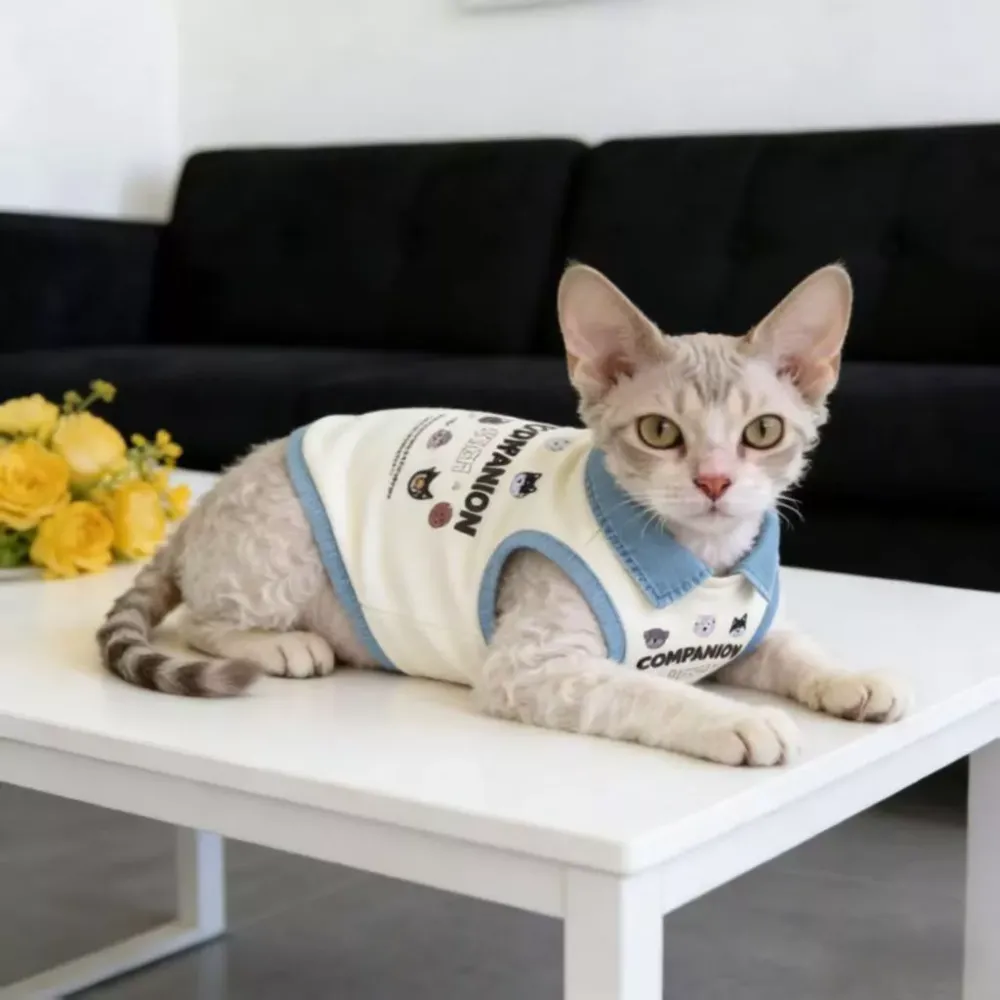 Pet Dog Vest Denim Lapel Sleeveless Shirt Cartoon Dog Face Print Soft Cotton Clothes for Small Medium Puppy Kitten