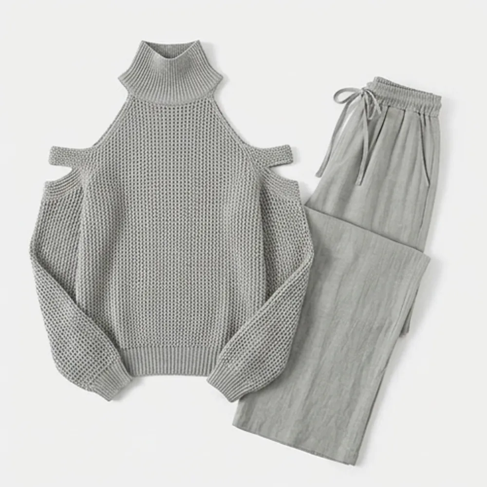 Cold Shoulder Knit Wide Leg Set