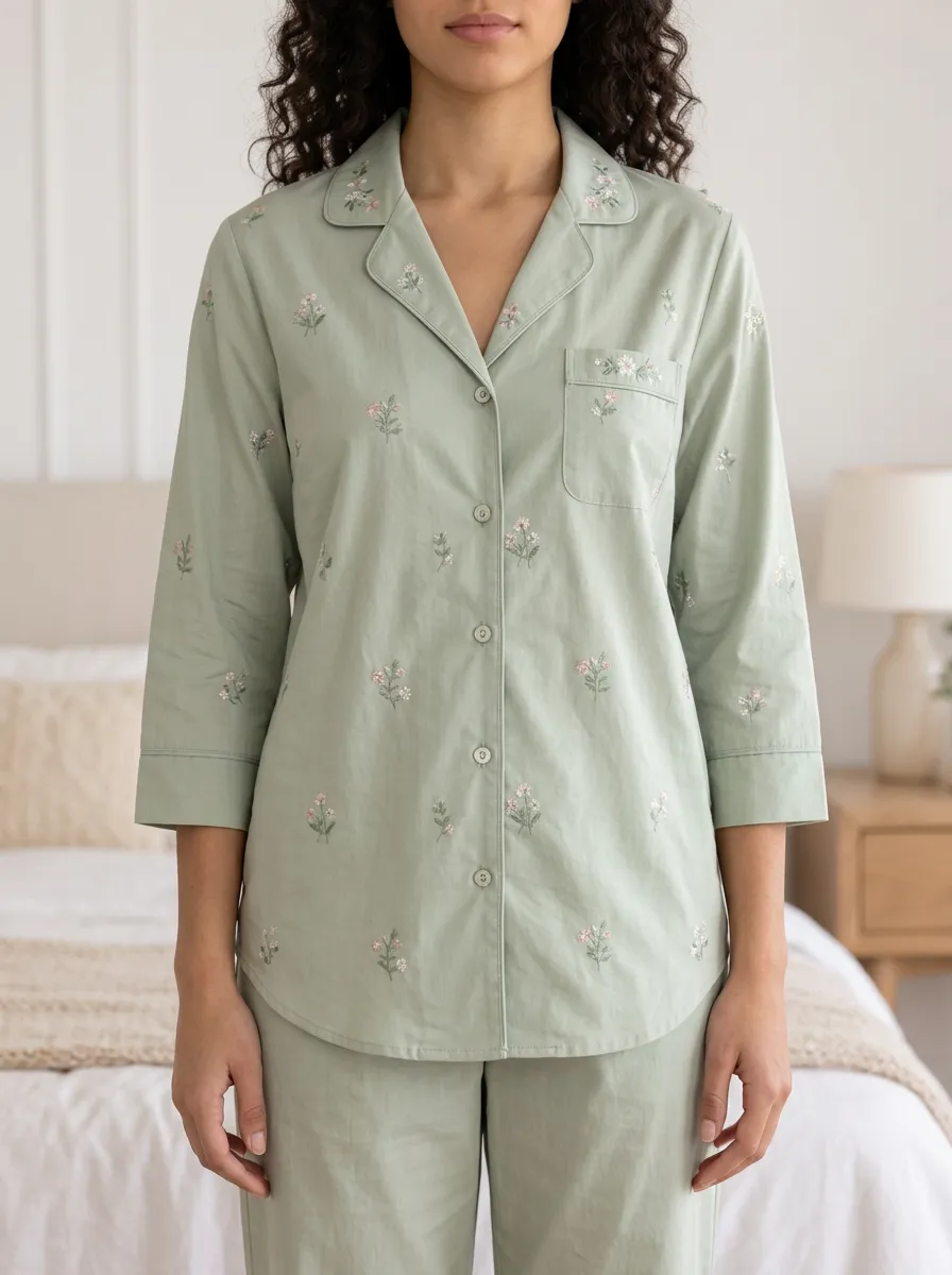 Floral Button Front Casual Pajama Top