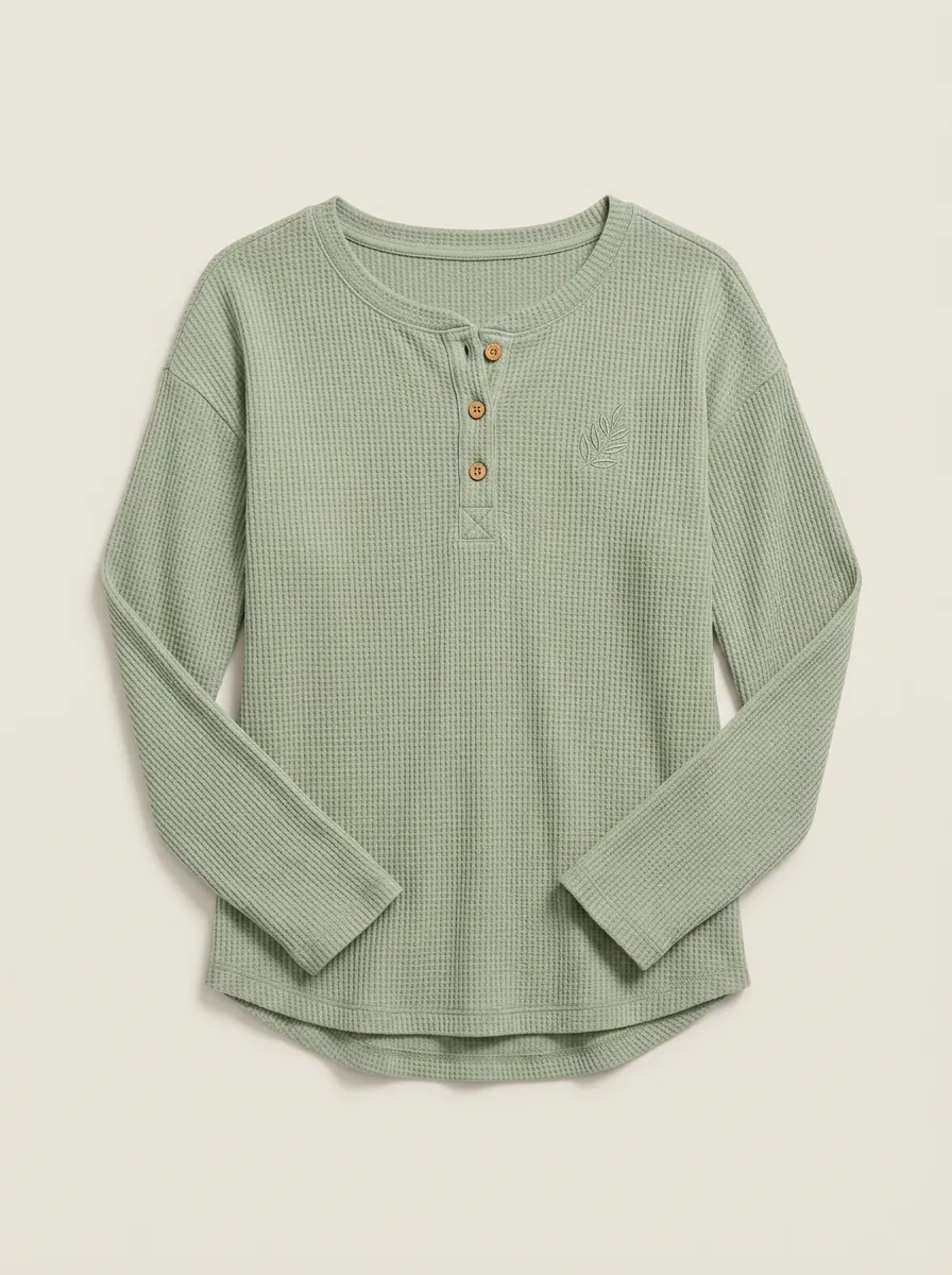 Women's Minimalist Leaf Embroidered Waffle Knit Henley Shirt
