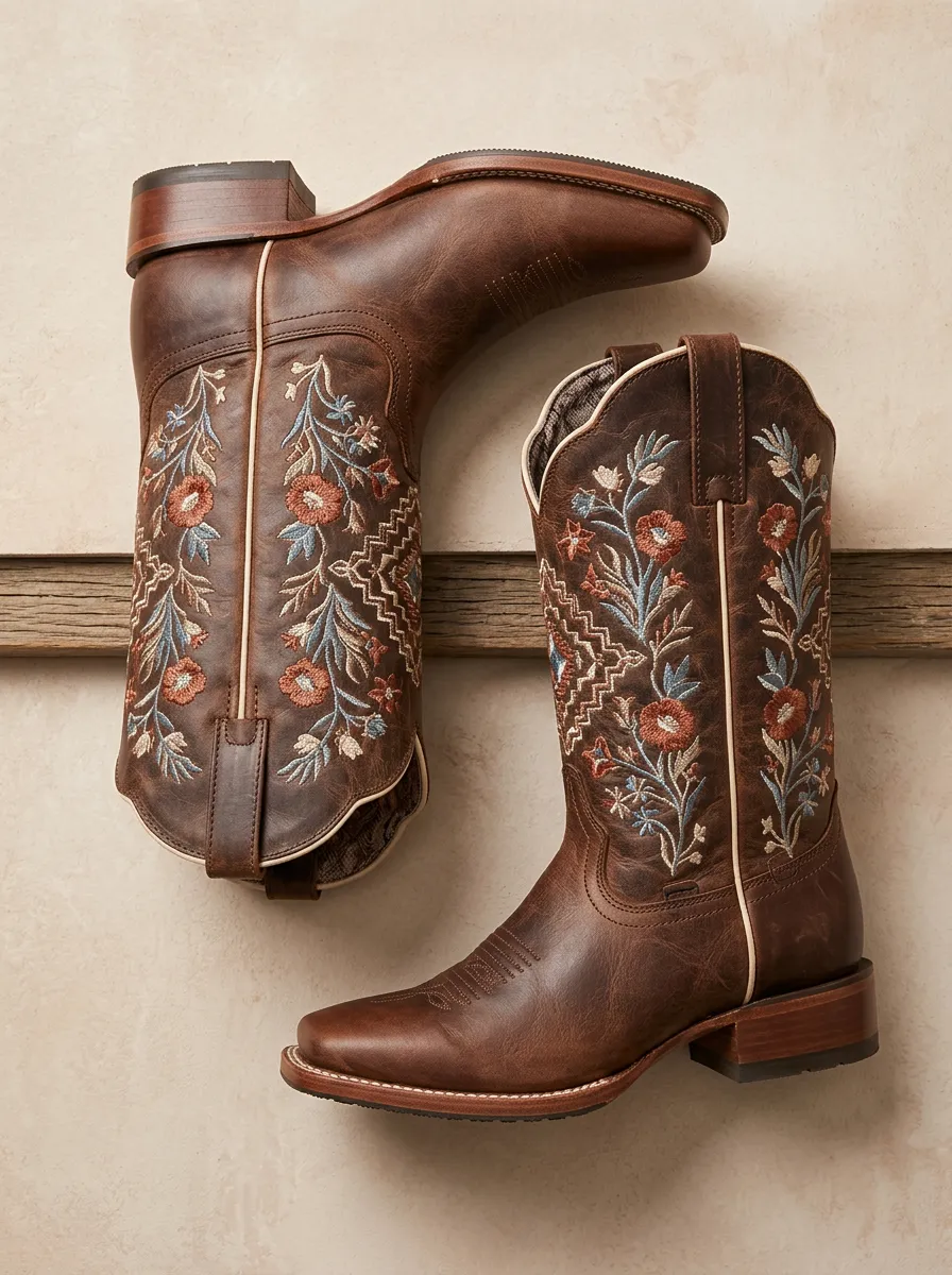 Ranch Floral Embroidered Leather-Look Finish Unisex Western Cowboy Boots