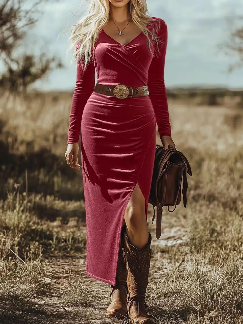 Balanced Detail Wrap Slit Long Sleeve Midi Dress