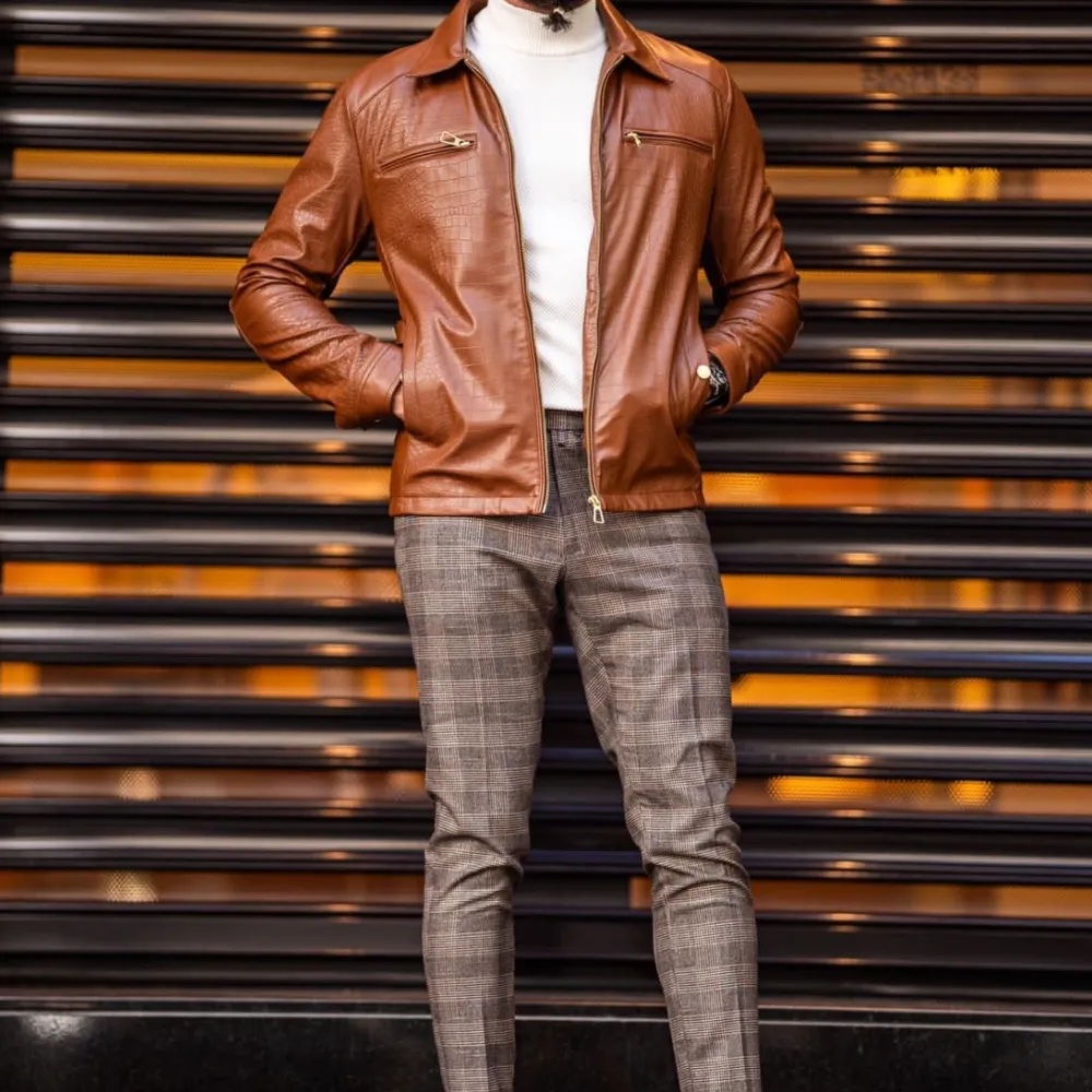 Patterned Slim Fit Leather Tailored Coat