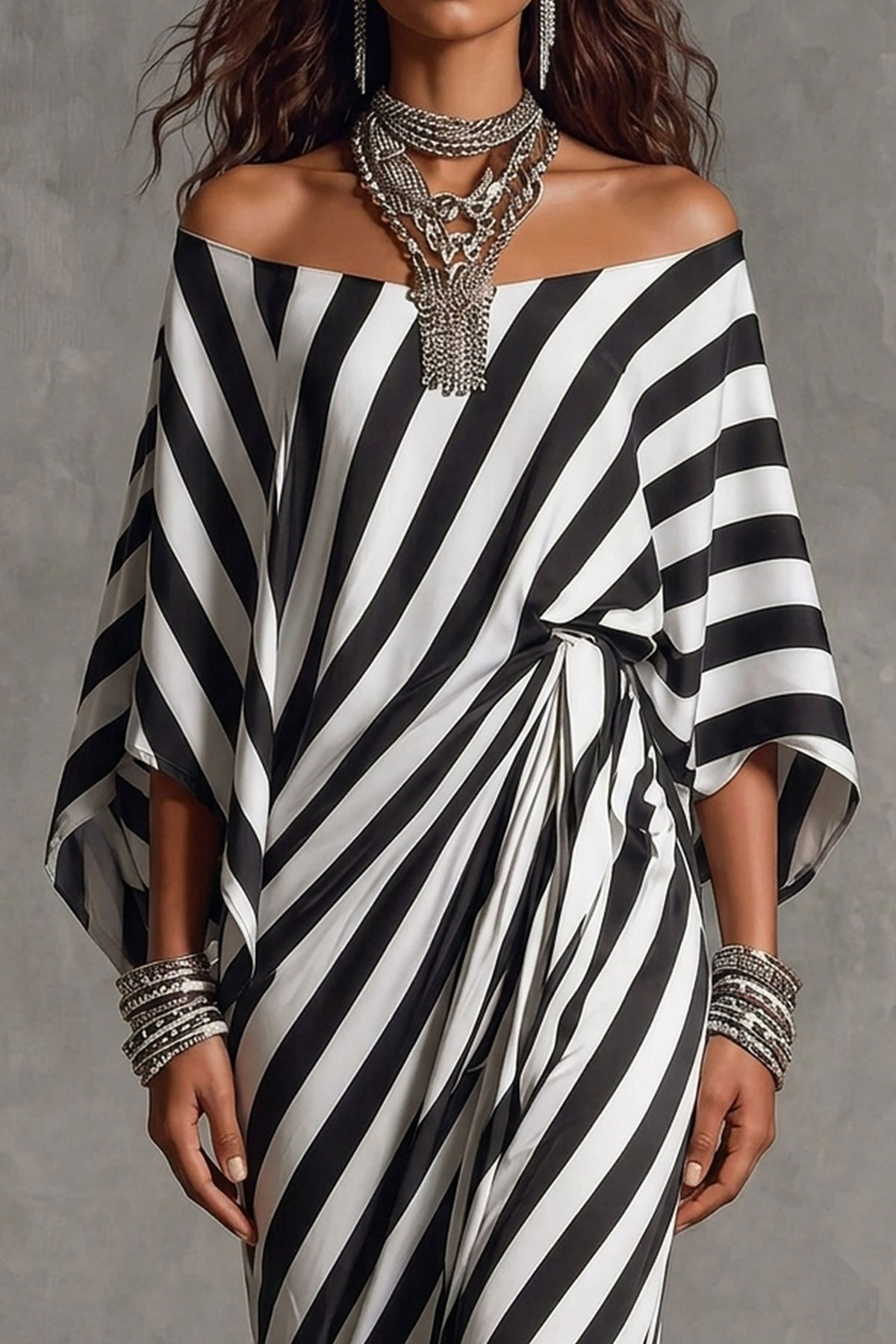 Off Shoulder Striped Printed Maxi Dress