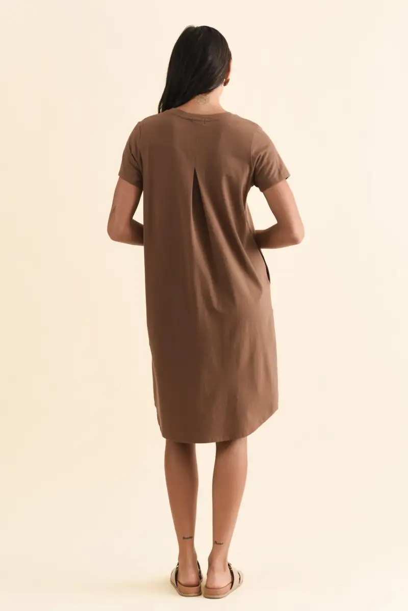 Above-Knee Cotton Pleated Round-Neck Short-Sleeve Straight-Cut Relaxed T-Shirt Dress