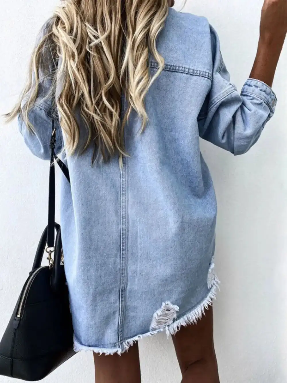 Relaxed Denim Raw Hem Collared Casual Jacket