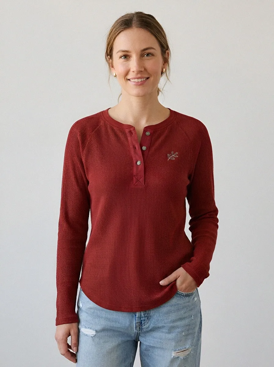 Women's Olive Waffle Knit Leaf Embroidered Henley Shirt