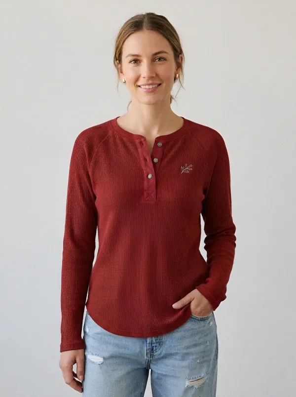 Women's Olive Waffle Knit Leaf Embroidered Henley Shirt