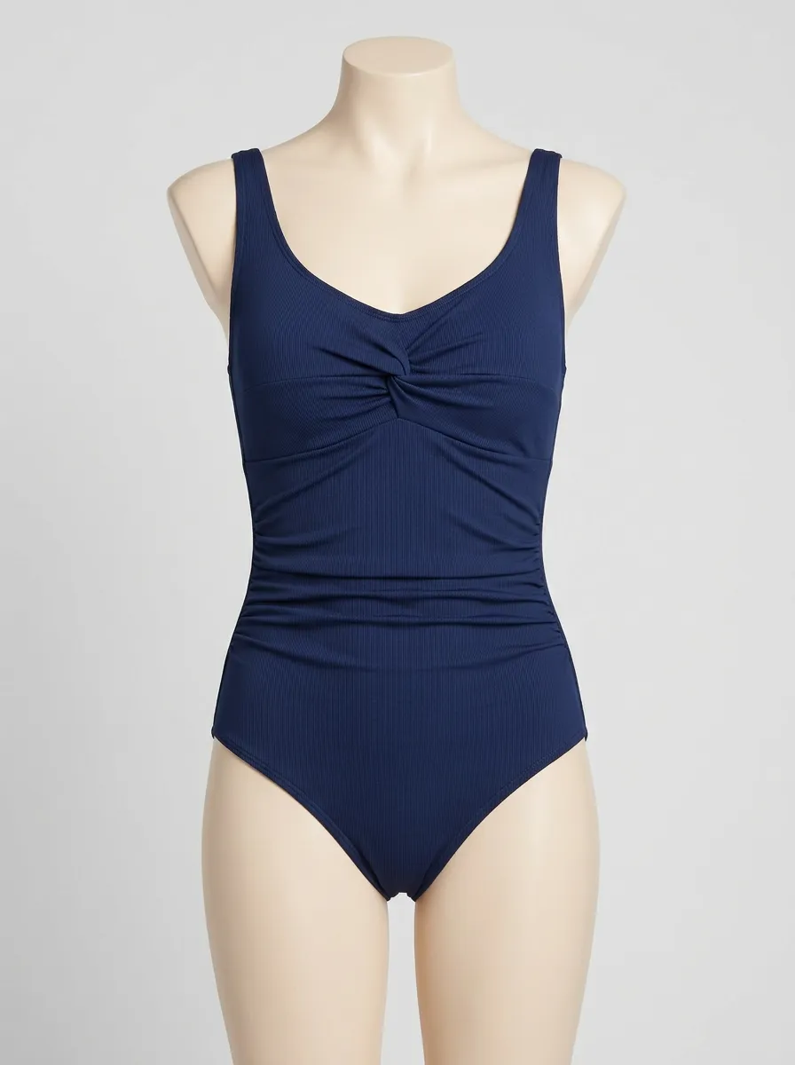 Classic Ribbed Twist-Front Ruched One-Piece Swimsuit
