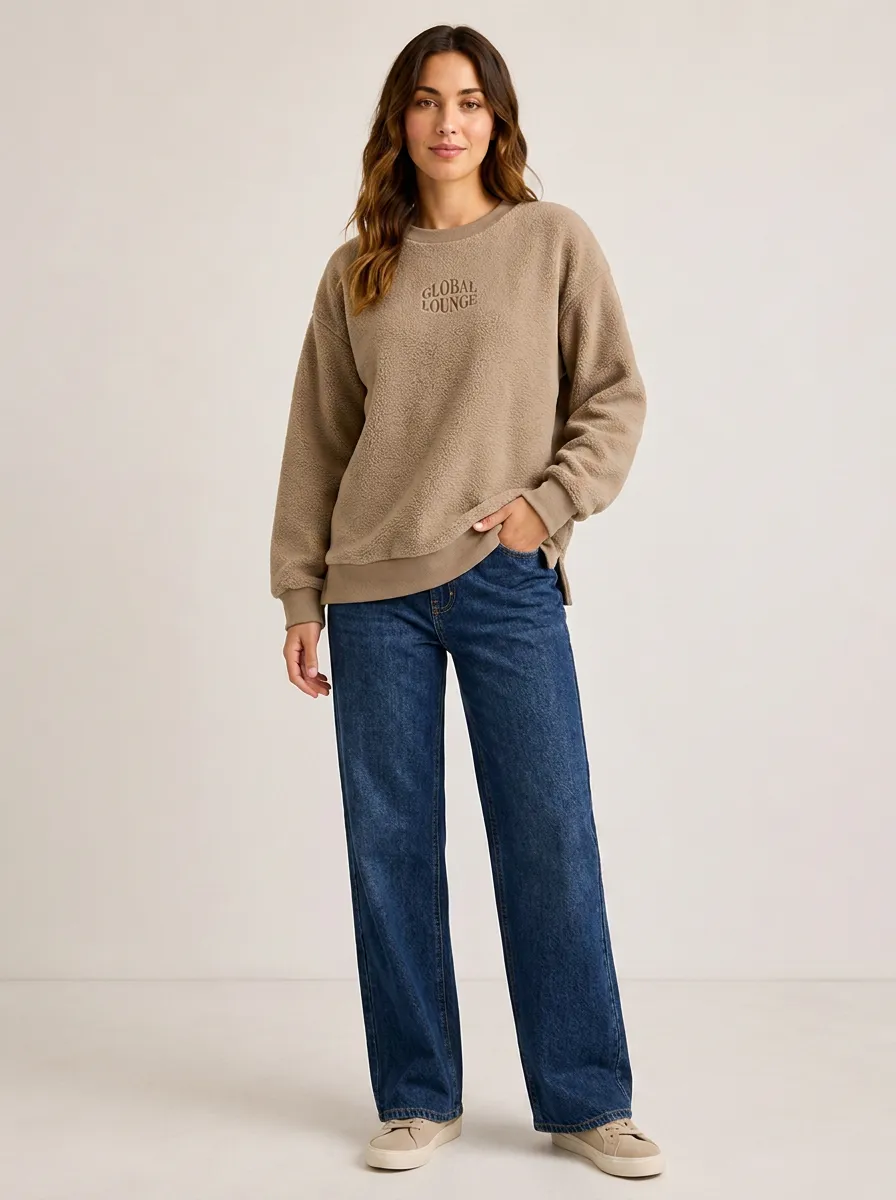 Women's Global Lounge Lettering Embroidered Fleece Sweatshirt