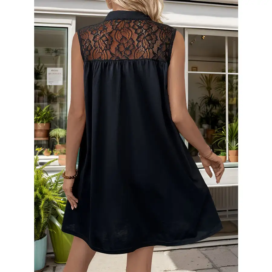 Lace Detail Notched Sleeveless Mini Dress