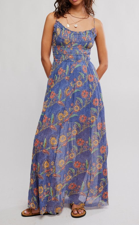Blue Floral Print Sleeveless Maxi Dress