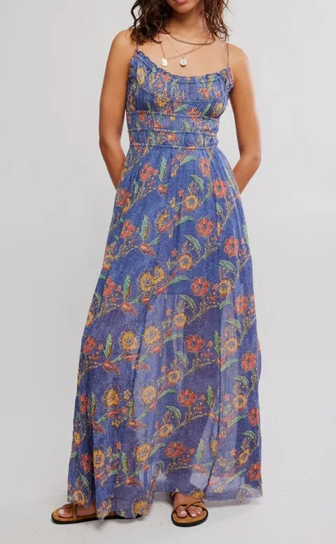 Blue Floral Print Sleeveless Maxi Dress