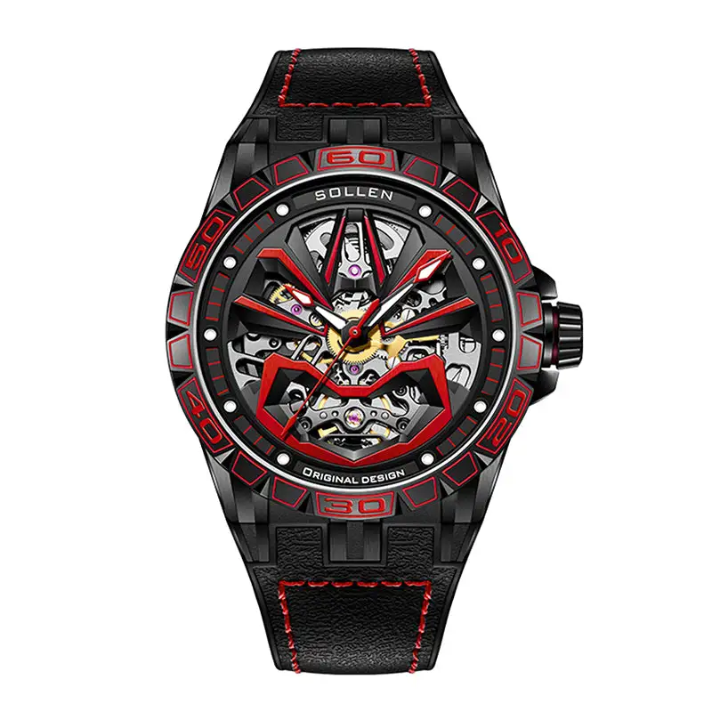 Sollen SL328 Men's Skeleton Automatic Mechanical Watch - 43mm 316L Stainless Steel Case Sapphire Crystal Multi-Layer Dial Leather-Pattern Silicone Strap Wristwatch