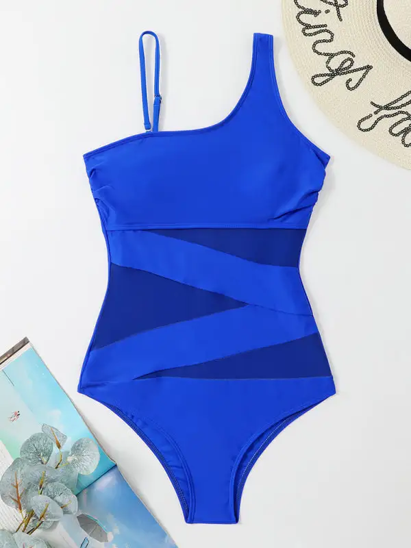 Asymmetrical Gauze Spliced One Piece Swimsuit