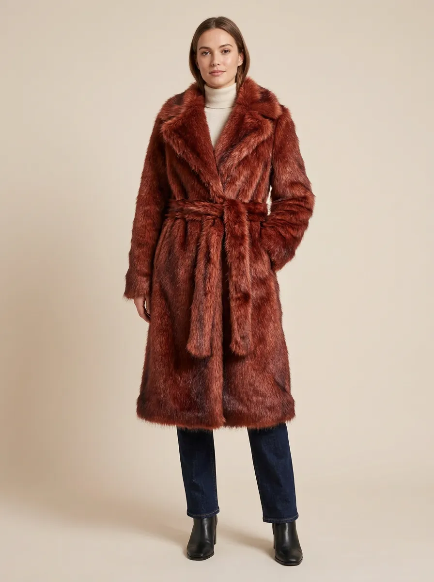 Rust Faux Fur Belted Coat