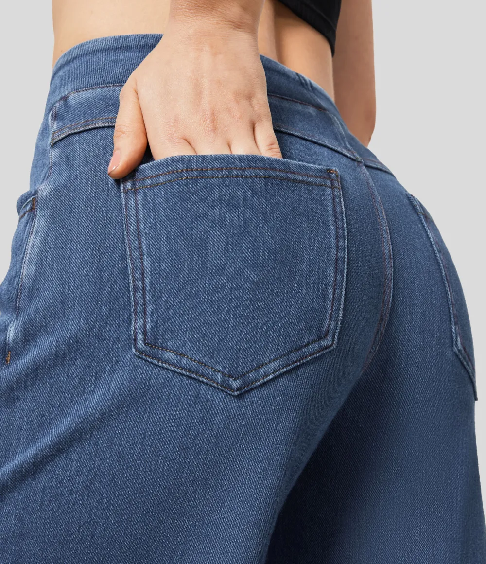 Magic High Waisted Multiple Pockets Wide Leg Stretchy Knit Casual Thermal Jeans