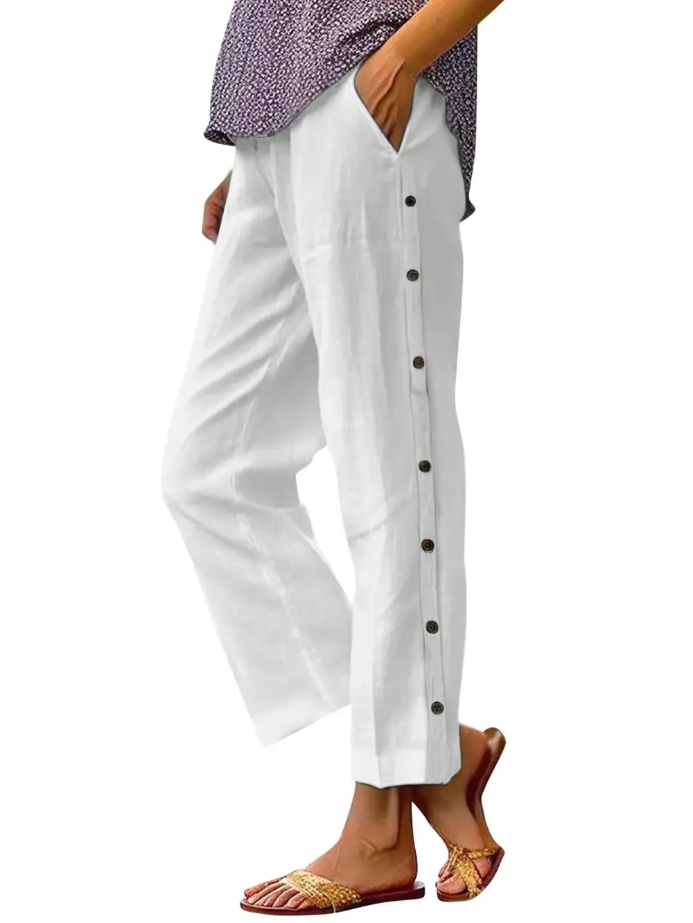 Full Size Side Decor Button Wide Leg Pants Plus Size