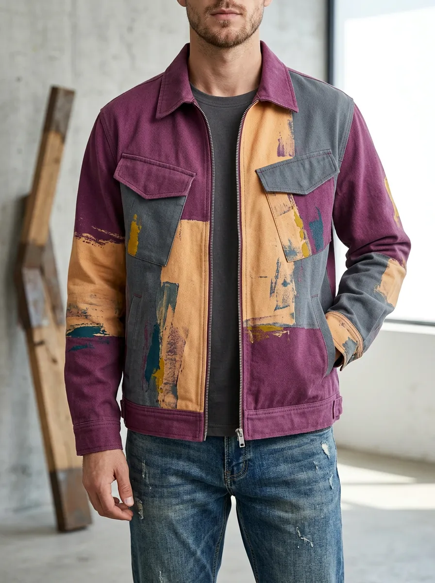 Men's Abstract Art Colorblock Printed Jacket