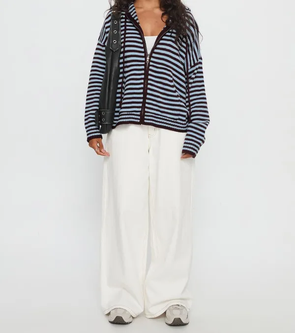 Burgundy and Blue Striped Hooded Zip-Up Jacket