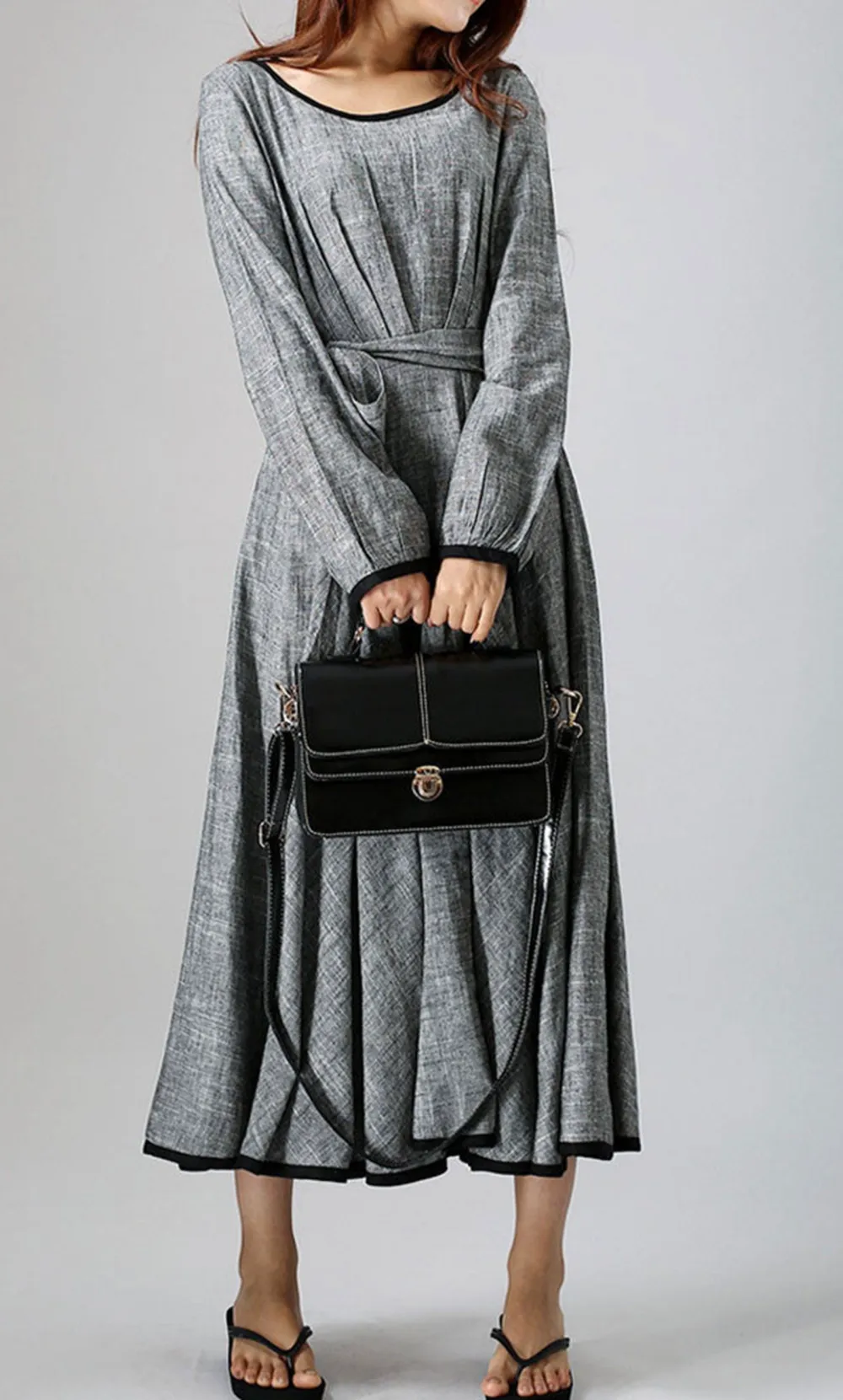 Classic Linen A Line Pleated Long Sleeve Maxi Dress
