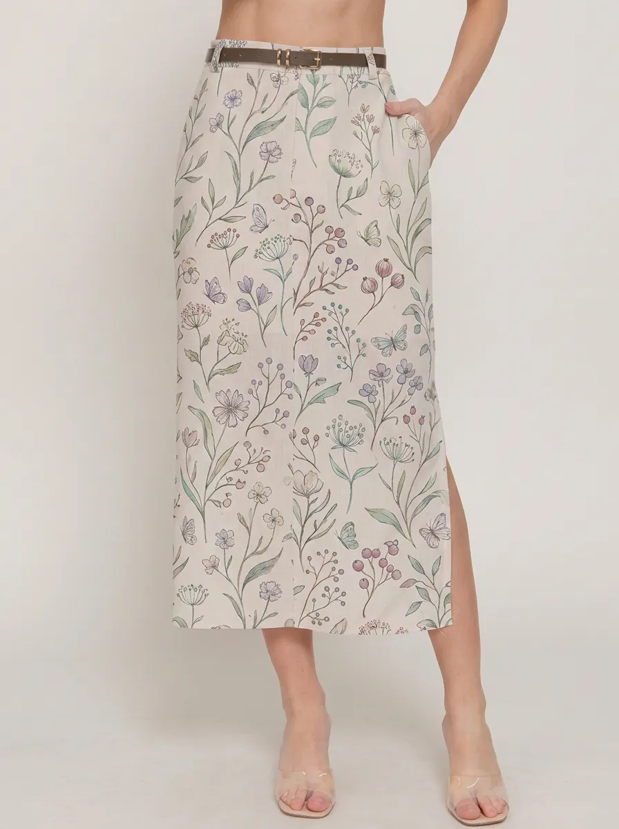 Women's Belt-Loop Botanical Garden Butterfly Floral Printed Midi Skirt